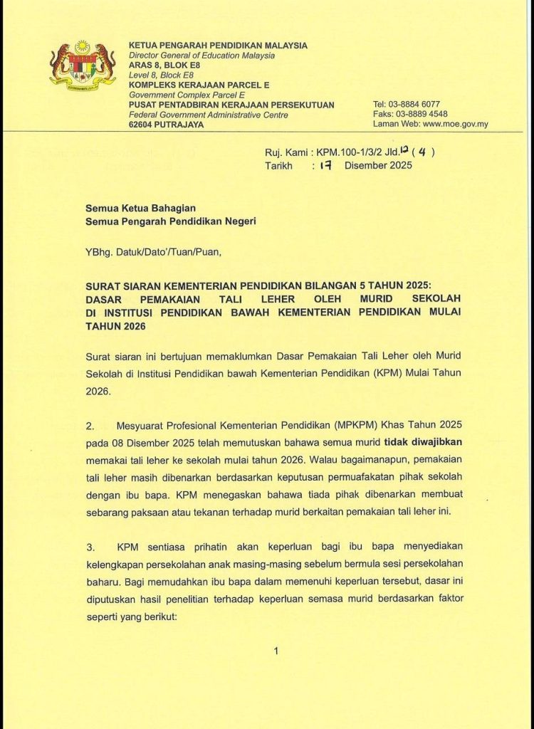 Murid Tidak Perlu Pakai Tali Leher